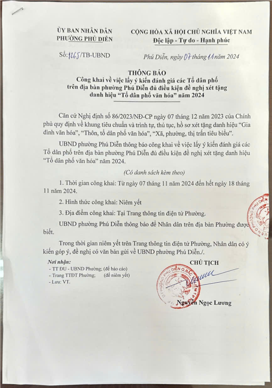 Thông báo công khai về việc lấy ý kiến đánh giá các tổ dân phố trên địa bàn phường Phú Diễn đủ điều kiện đề nghị xét tặng danh hiệu 